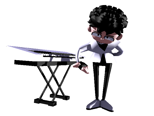 Cartoon illustration of Christian Rowell at a piano